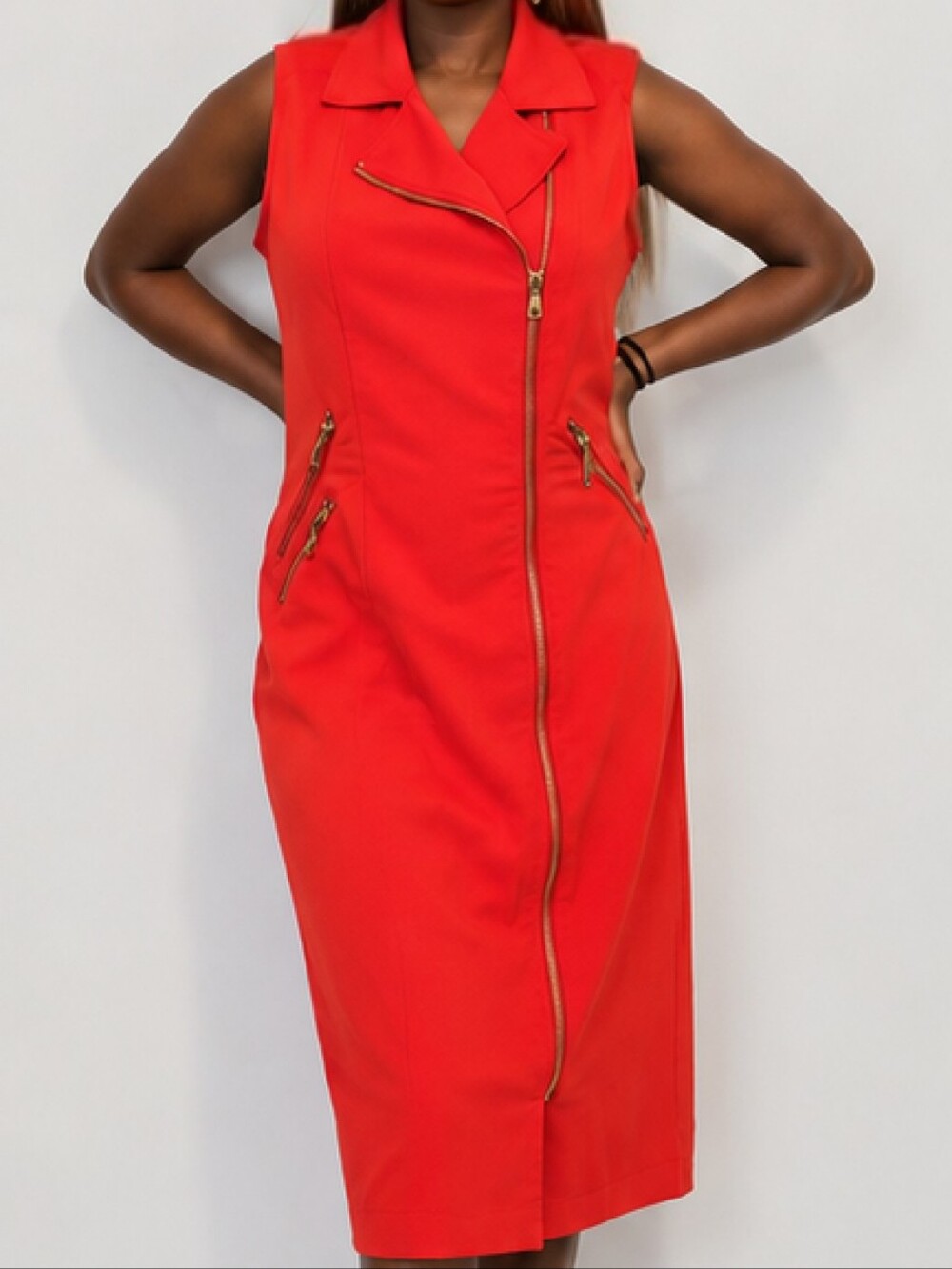 Gorgeous Sharagano Red Orange Sleeveless Moto-Style Midi Dress Size 8